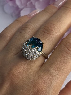 925 Sterling Silver Blue Crystal & CZ Ring Size 8