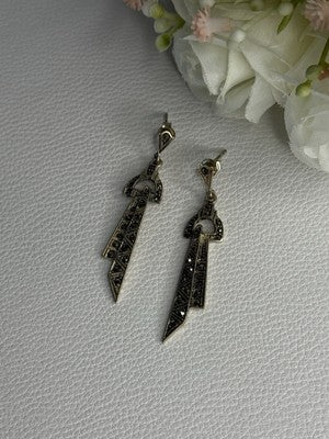 Elegant 925 Sterling Silver Marcasite Earrings Length 1.80 Inch