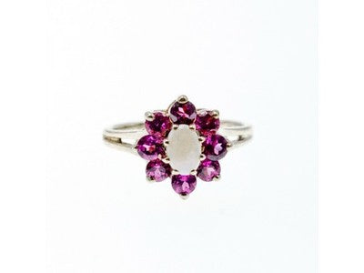925 Sterling Silver Opal & Pink Spinel "Flower" Ring Size 7