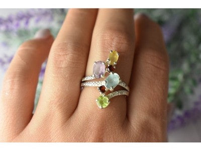 925 Sterling Silver Multi Gemstones Ring Size 8