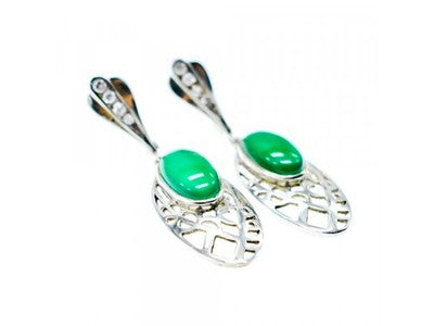 Vintage 925 Sterling Silver Green Agate & CZ Earrings
