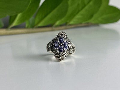 Vintage 925 Sterling Silver Amethyst & Marcasites Ring Size 5.5