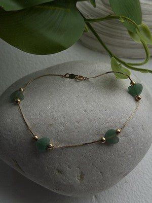 14K Yellow Gold Green Jade Heart Bracelet Length 7