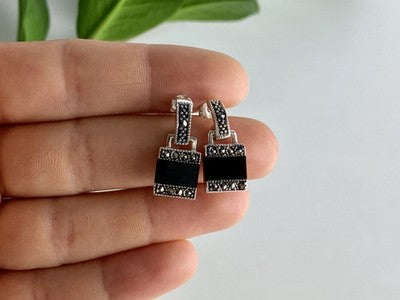 925 Sterling Silver Black Nephrite & Marcasites Earrings