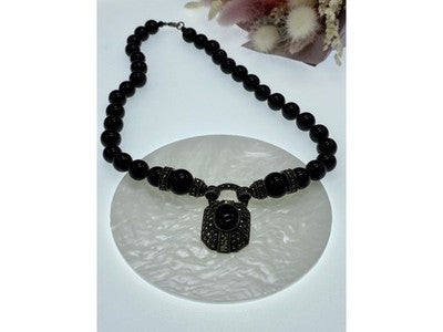 Vintage 925 Sterling Silver Black Jade and Marcasites Necklace