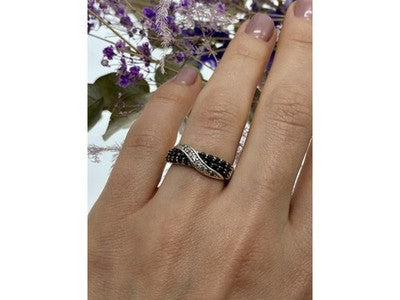 925 Sterling Silver Black & White Tourmaline "Yin Yang" Ring Size 6.5