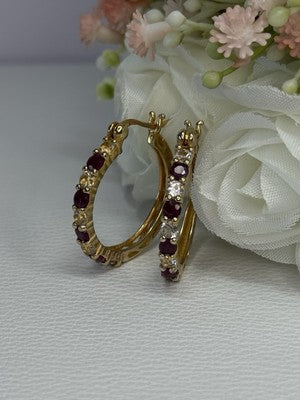 925 Sterling Silver Gold Plated Ruby & Beryl Earrings Length 1.10 Inch