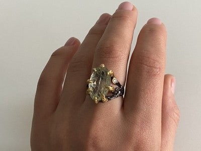 925 Blackened Silver With Gilding Green Amethyst & Heliodor Ring Size 9.75