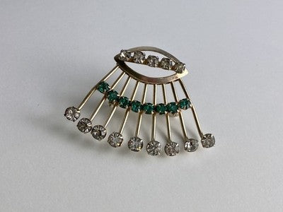 Vintage 925 Sterling Silver White & Green Jewelry Glass "Fan" Brooch