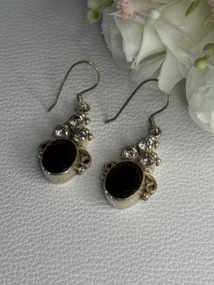 925 Sterling Silver Garnet & CZ Earrings Length 1.70 Inch
