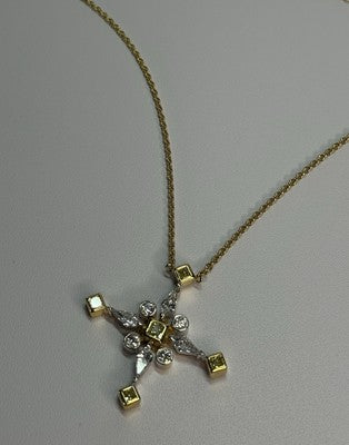18K 750 YELLOW GOLD YELLOW & WHITE DIAMONDS 6.26 CT CROSSNECKLACE LENGTH 18 INCH