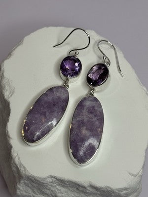 925 Sterling Silver Lepidolite & Amethyst Earrings Length 2.5 Inch