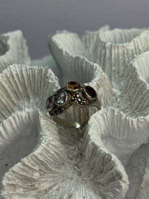 925 Sterling Silver Garnet, Citrine, Topaz, Amethyst & Marcasite Ring Size 5.5