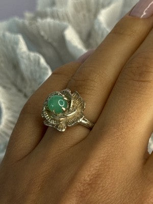 925 Sterling Silver Nephrite Flower Ring Size 6.5