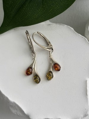 925 Sterling Silver Green & Orange Amber Earrings