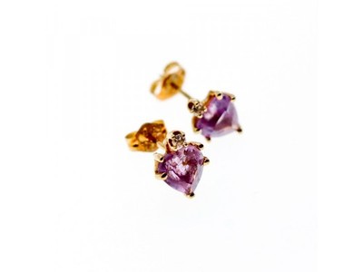 14K Yellow Gold Amethyst & Diamonds "Hearts" Stud Earrings