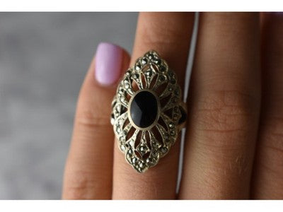 925 Sterling Silver Black Tourmaline & Marcasites Ring Size 6