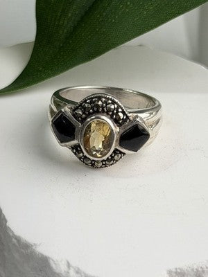 925 Sterling Silver Citrine & Onyx & Marcasite Ring Size 7