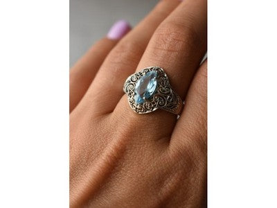 925 Sterling Silver Blue Spinel Openwork Ring Size 8.5