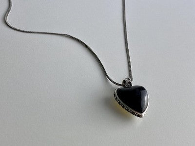 925 Sterling Silver Black Jade and Mother of Pearl "Heart" Chain with Pendant
