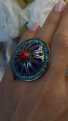 Large Southwestern 925 Sterling Silver Turquoise Coral Lapis Ring Size 7.5