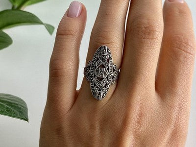 925 Sterling Silver Marcasites Ring Size 6.5