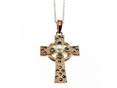 925 Sterling Silver Pearl, Emerald & Marcasites Chain with Cross