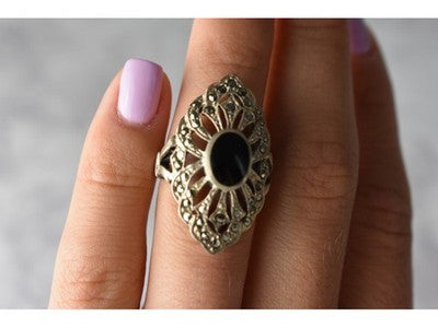 925 Sterling Silver Black Tourmaline & Marcasites Ring Size 6