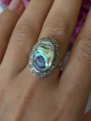Vintage 925 Sterling Silver Abalone & Marcasite Ring Size 9