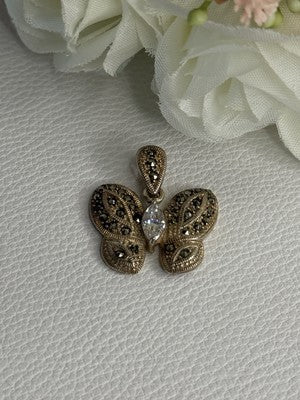925 Sterling Silver Butterfly Beryl & Marcasite Pendant Length 0.90 Inch