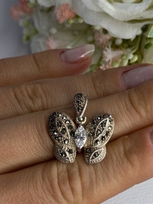 925 Sterling Silver Butterfly Beryl & Marcasite Pendant Length 0.90 Inch