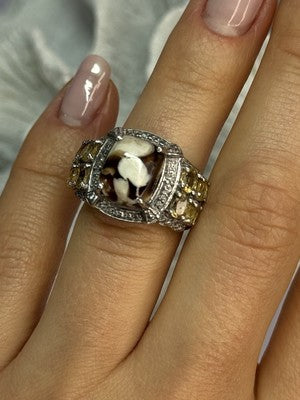 925 Sterling Silver Agate Citrine & Beryl Ring Size 6