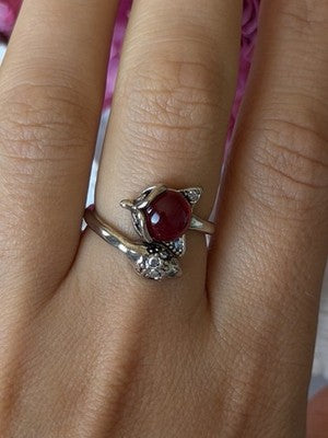 925 Sterling Silver Fox & Snake Red Glass Cabochon Ring Size 9 Sizable