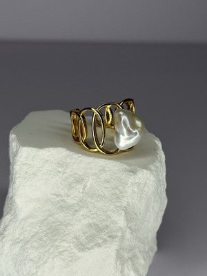 925 Sterling Silver Gold Plated Pearl  Ring Size Adjustable