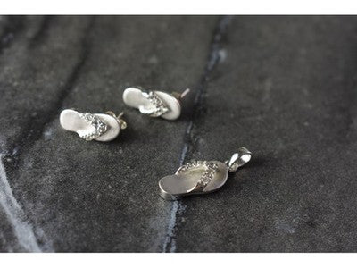 925 Sterling Silver CZ "Flip-Flops" Stud Earrings & Pendant Summer Set