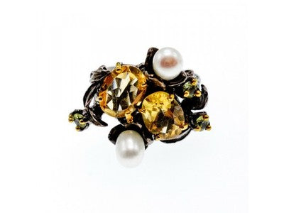 925 Sterling Blackened Silver Citrine, Peridot and Pearls Ring Size 7