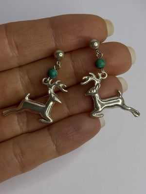 925 Sterling Silver Malachite Deer Earrings Length 1.40 Inch