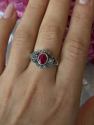 925 Sterling Silver Ruby & Marcasite Ring Size 8