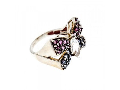925 Sterling Silver White Topaz, Spinel & Tourmaline "Butterfly" Ring Size 8.5