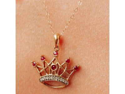 10K Yellow Gold Rubies & Diamonds Crown Chain With Pendant