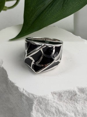 Italy Geometric Design 925 Sterling Silver Black Onyx Ring Size 10