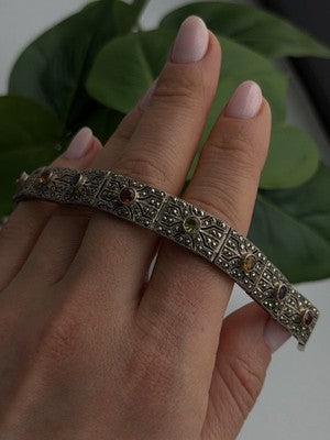 Vintage 925 Sterling Silver Multi Color Tourmaline & Marcasite Bracelet 7