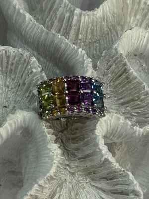 925 Sterling Silver Multicolor Stones Ring Size 7