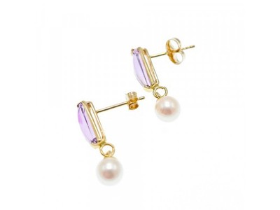 14K Yellow Gold Amethyst & Pearls Earrings Italy