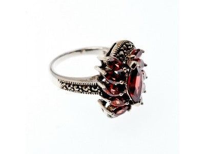 925 Sterling Silver Spessartine & Marcasites Ring Size 6.5