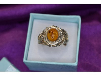 925 Sterling Silver Amber Ring Size 8.5