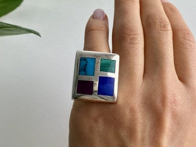 925 Sterling Silver Multicolor Agate Ring Size 5.5