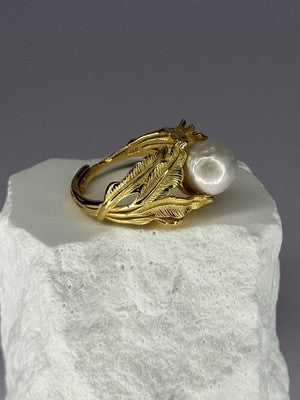 925 Sterling Silver Gold Plated Pearl Ring Size Adjustable
