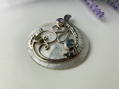 925 Sterling Silver Topaz, Amethyst, Peridot, Mother OF Pearl Pendant