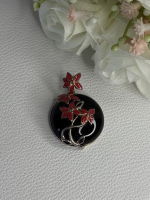 925 Sterling Silver Black Onyx & Red Enamel Flowers Pendant Length 1.40 Inch